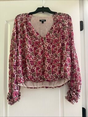 Express Pink Floral V-Neck Blouse with Long Sleeves